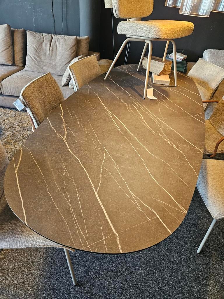 Eetkamer tafel HPL blad metalen onderstel stomp ovaal, Ophalen of Verzenden, Nieuw, Ovaal, 200 cm of meer