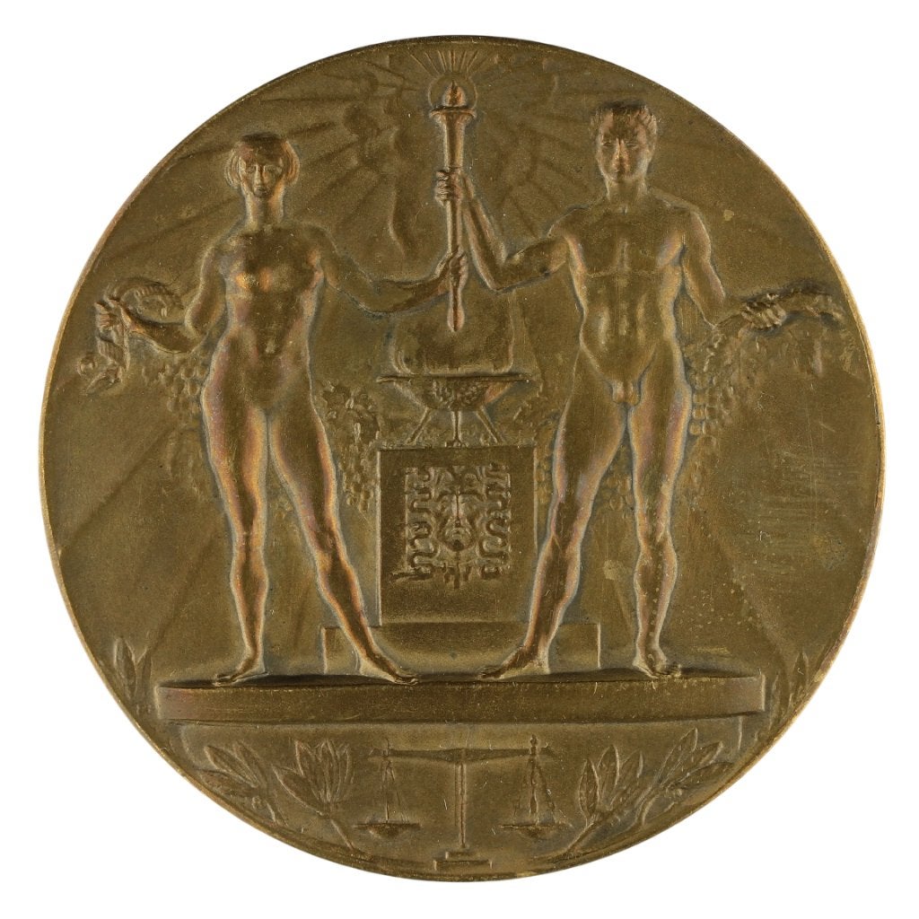 BRONZEN PENNING J.C. Wienecke OLYMPISCHE SPELEN AMSTERDAM, Verzenden, Brons, Nederland