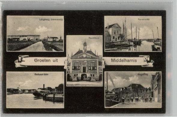 Middelharnis 5 afb waarbij haven en  boten st 1913, Verzenden, Voor 1920, Gelopen, Zuid-Holland