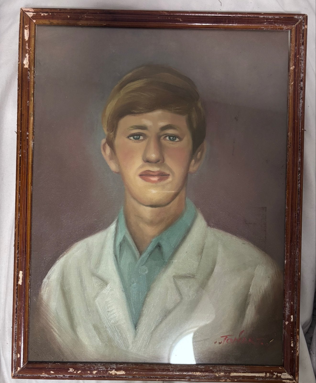 Vintage Portret Schilderij – Ingelijst, Doek, Portret of Personen, Ophalen of Verzenden, Gesigneerd