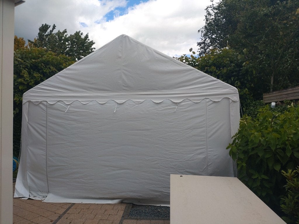 Opslagtent 4x4 m, PVC 750, met grondframe, wit, Tuin en Terras, Ophalen, Zo goed als nieuw, Metaal, Overige typen