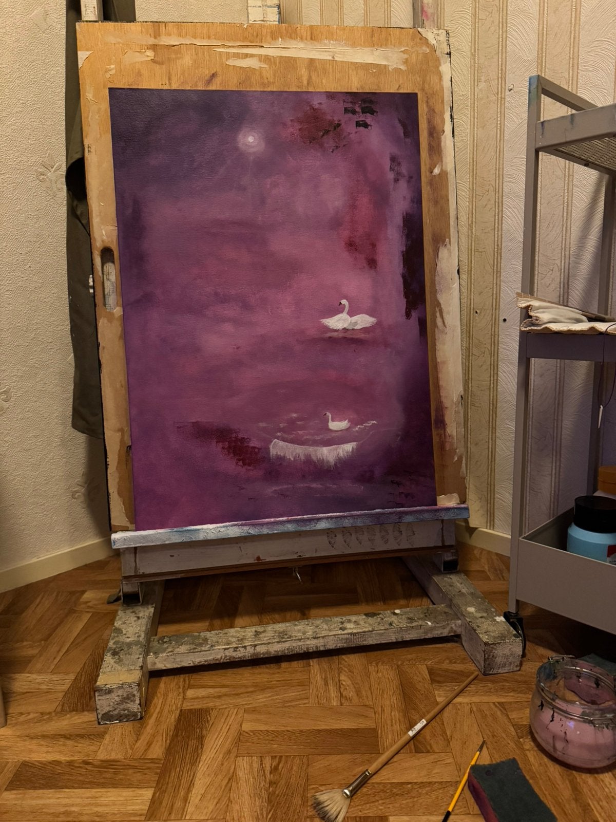 Abstract schilderij met zwanen, Ophalen