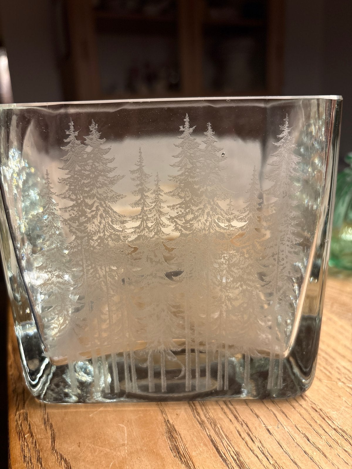 Glazen vaas met dennenbos ets - 12x12x12 cm, Antiek en Kunst, Ophalen