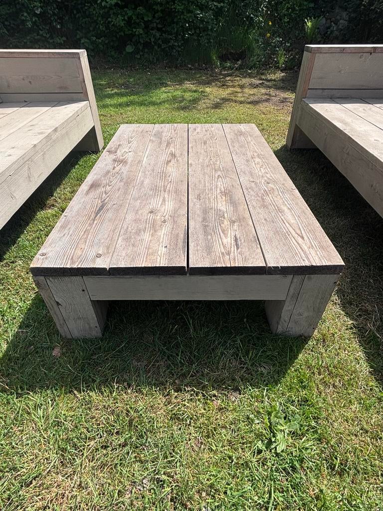 Steigerhouten loungeset (2 banken) met salontafel, Tuin en Terras, Ophalen, Gebruikt, 6 zitplaatsen, Steigerhout