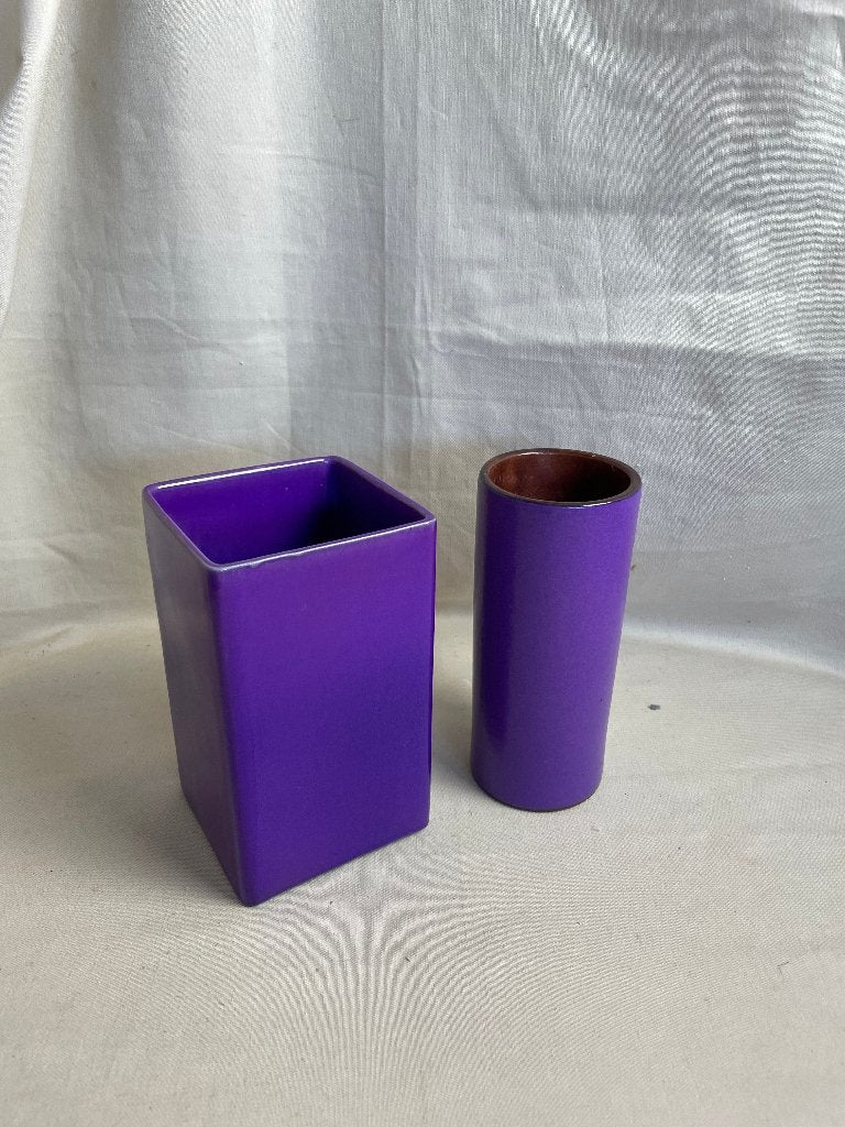 2 paars aardewerken vaasjes jaren 70 vintage, Gebruikt, Paars, Steen/keramiek, 15 cm