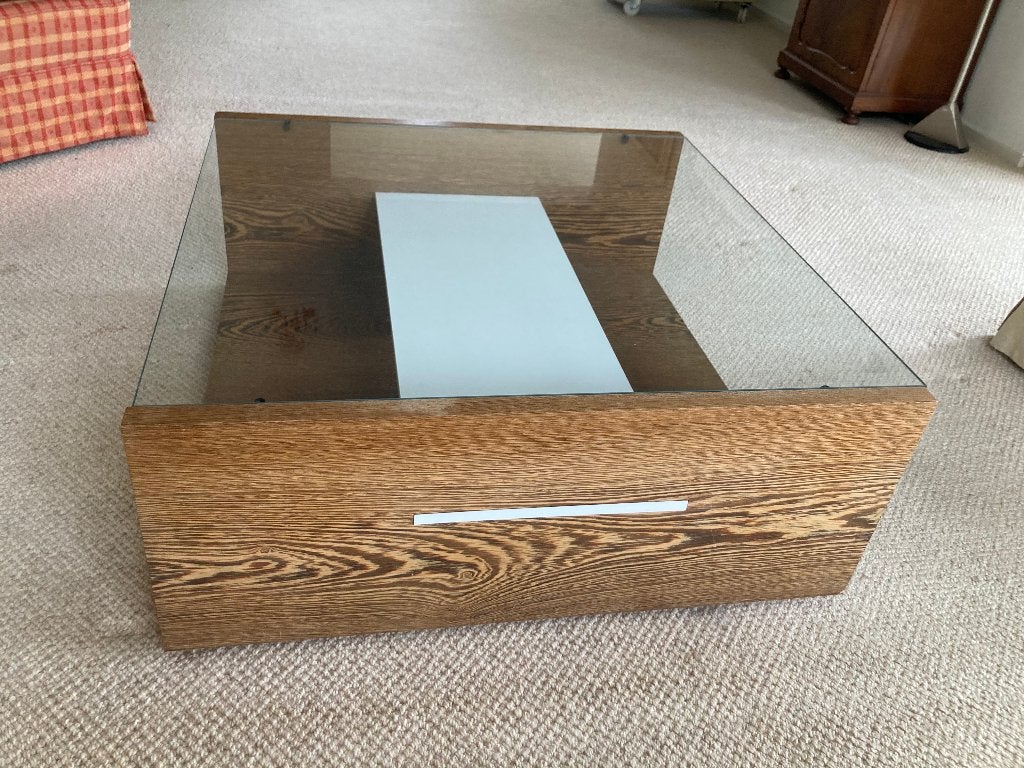Design vierkante salontafel met dik glasblad + wit inzetstuk, Ophalen, 50 tot 100 cm, Vierkant, Overige houtsoorten