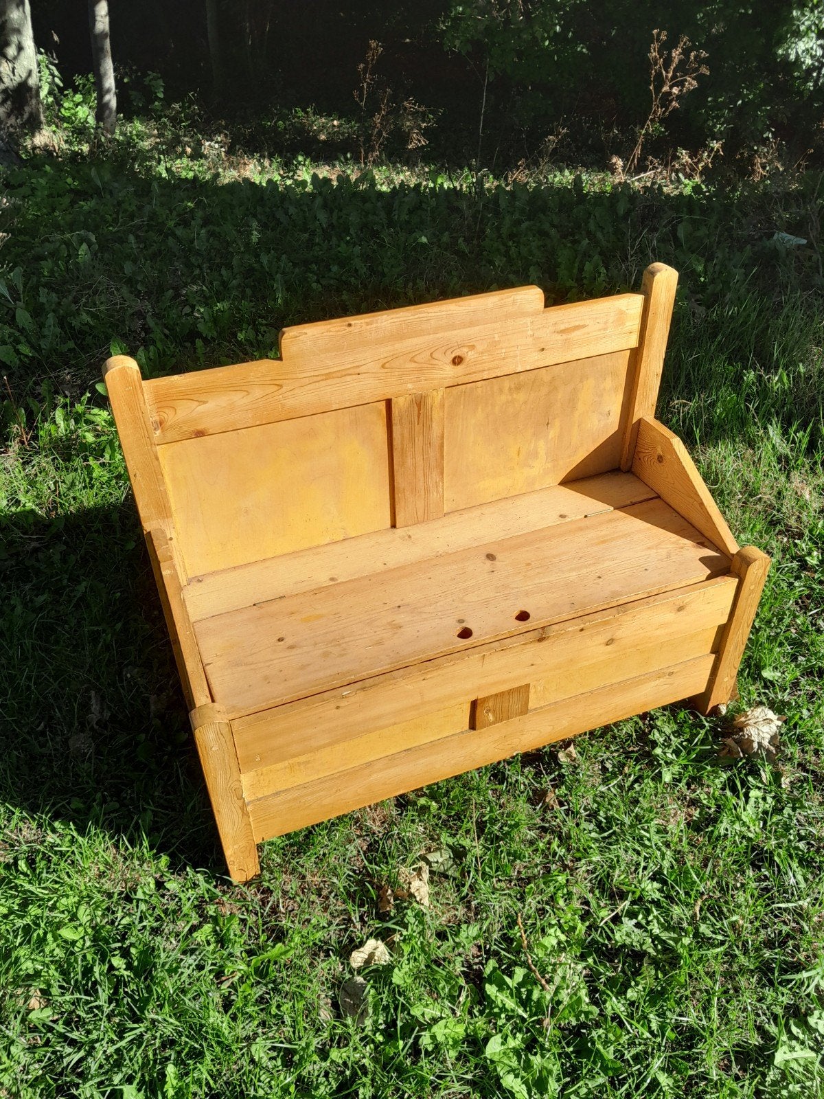 Vintage houten bankje met opbergruimte, Ophalen