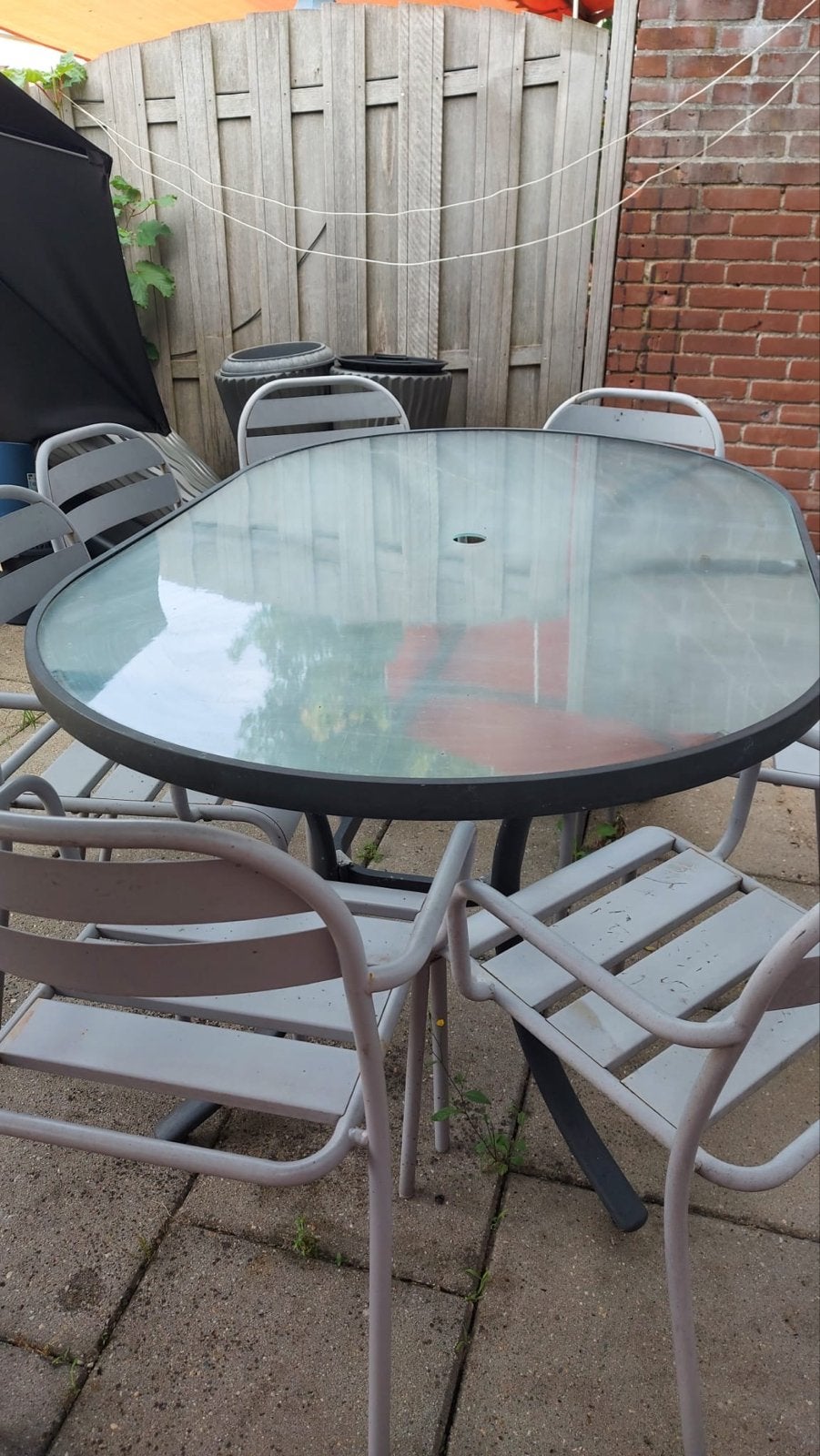 glazen tuintafel- Gebruikt, Tuin en Terras, Tuinsets en Loungesets, Ophalen, Overige materialen, Gebruikt, Eettafel