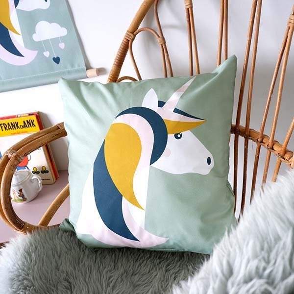 Kinderkussen Sierkussen Eenhoorn Bleekgroen ANNIdesign, Info@annidesign.nl, Vierkant, Nieuw, Ophalen of Verzenden