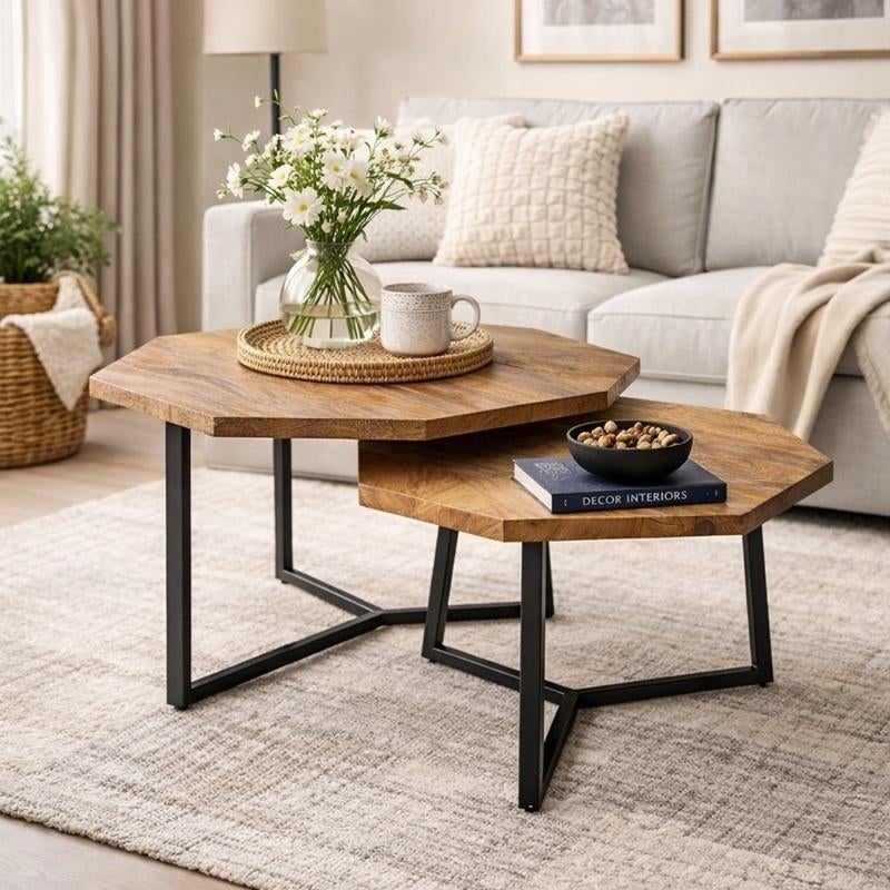 Salontafel Mangohout Octagon Mango Hexagon Rond 8 hoeken, De Hanze Herten BV, Nieuw, Minder dan 50 cm, Overige houtsoorten