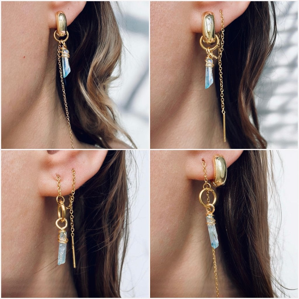 Oorbellen natuurlijke kristal regenboog verguld18K, Overige materialen, Hangers, Blauw, Nieuw
