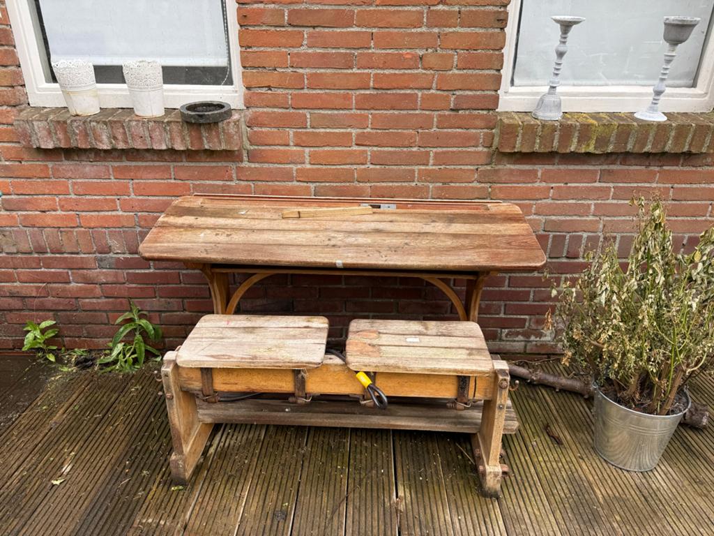 Vintage houten schoolbank met twee zitplaatsen, Ophalen of Verzenden
