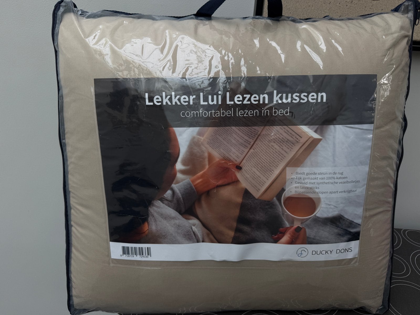 Ducky Dons Lekker Lui Lezen kussen - Comfortabel rugkussen, Rugkussen, Inclusief binnenkussen, Beige, Vierkant