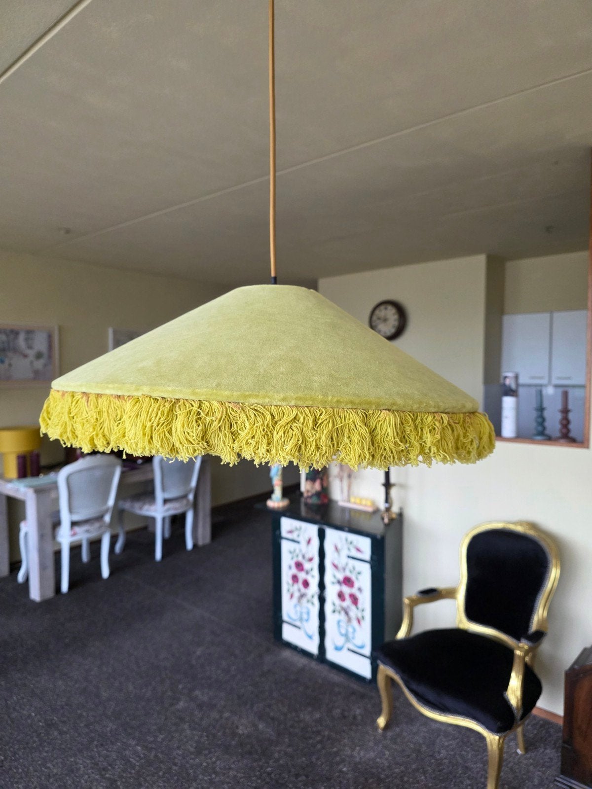 Vintage hanglamp met franjes, Textiel, Nieuw, E27 (groot), Vintage, Retro