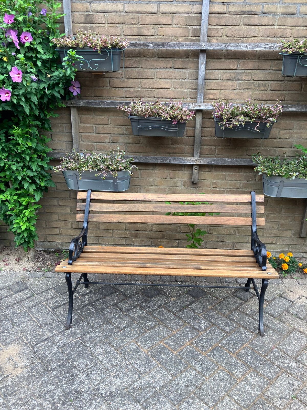 Antieke tuinbank met hardhouten latten, Ophalen