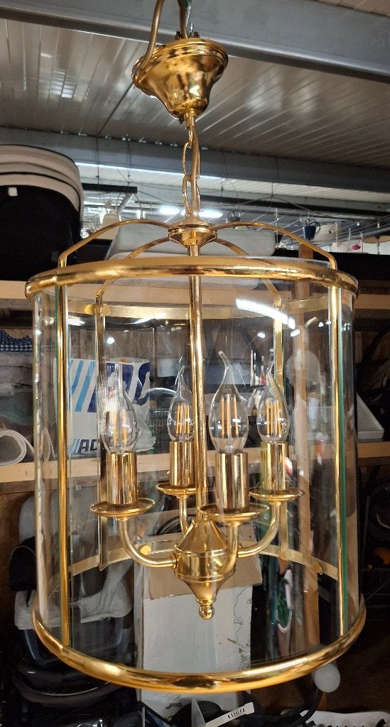 Goudkleurige Hanglamp met Glazen Panelen - Klassieke Stijl, Huis en Inrichting, Gebruikt, Klassiek, E14 (klein), Ophalen of Verzenden