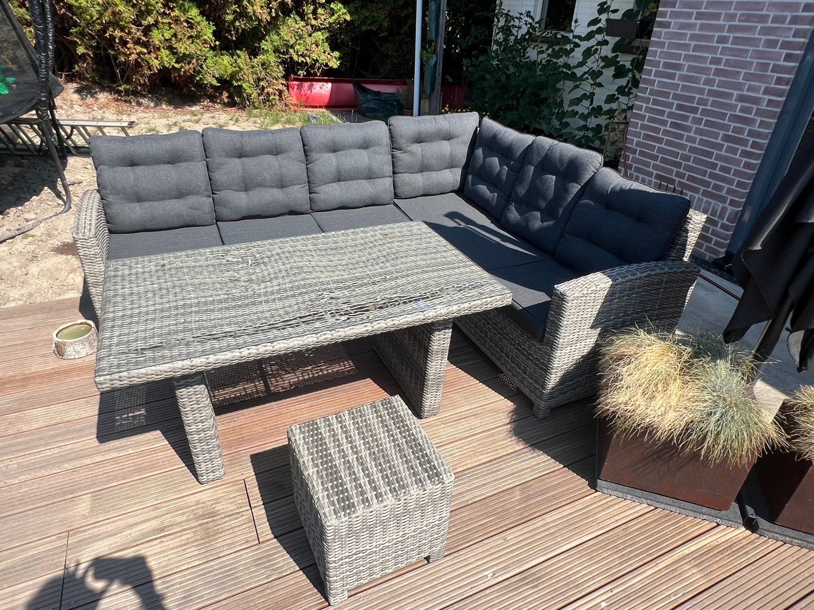 Loungeset met eettafel, Tuin en Terras, Tuinsets en Loungesets, Gebruikt, Loungeset, Rotan, 6 zitplaatsen, Bank, Eettafel, Ophalen