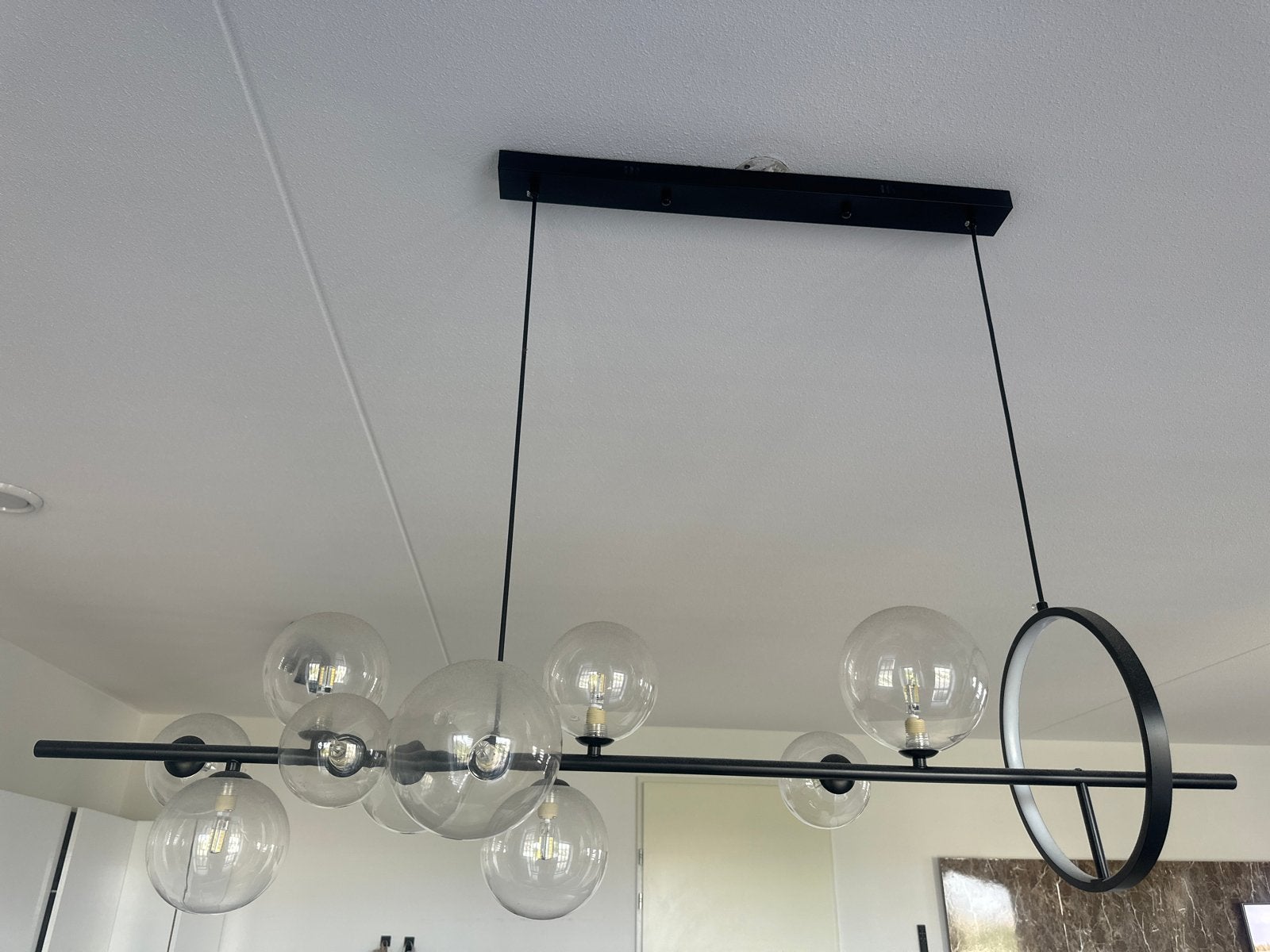 Moderne hanglamp met glazen bollen en LED ring, Ophalen, Zo goed als nieuw, Glas, 75 cm of meer