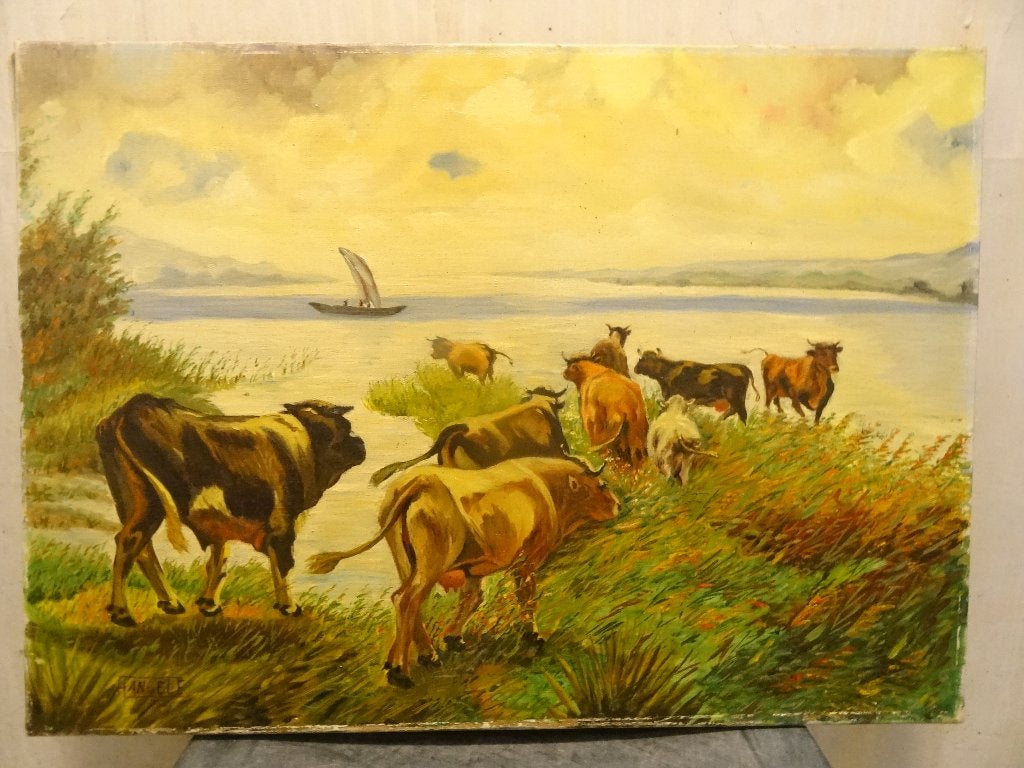 leuk koeien schilderij , gesign. i.g.st. 60 euro incl. verz., Ophalen of Verzenden, Origineel werk