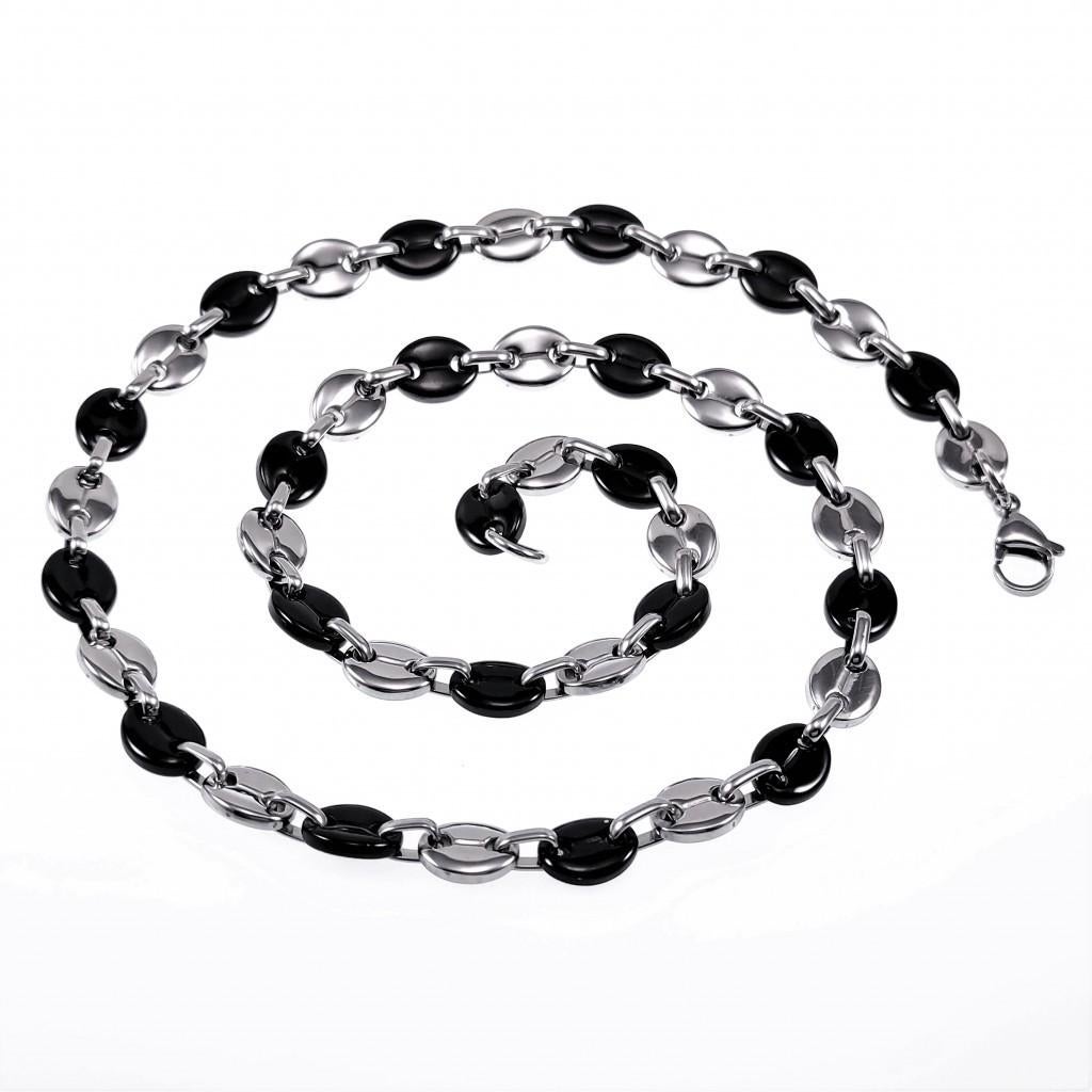 60cmX 9mm Koffieboon Ketting Unisex Stalen Zilverkleur-Zwart, Overige materialen, Birgitta-Gracht 33, 6465 EL Kerkrade, Nederland