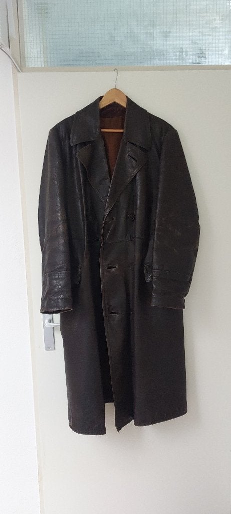 unieke lange leren (Solex) jas, Bruin, Maat 56/58 (XL), Groli, Ophalen of Verzenden