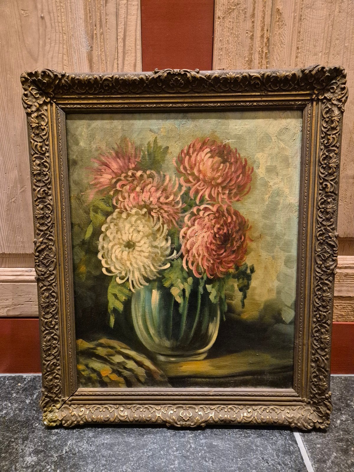 vintage antiek stilleven, gesigneerd, Doek, Bijzondere lijst, Olieverf, Klassiek