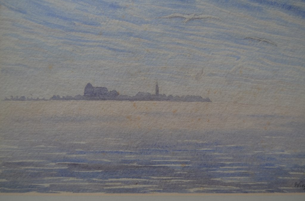 Aquarel skyline van Veere gemonogrammeerd., Antiek en Kunst, Kunst | Schilderijen | Klassiek, Ophalen of Verzenden