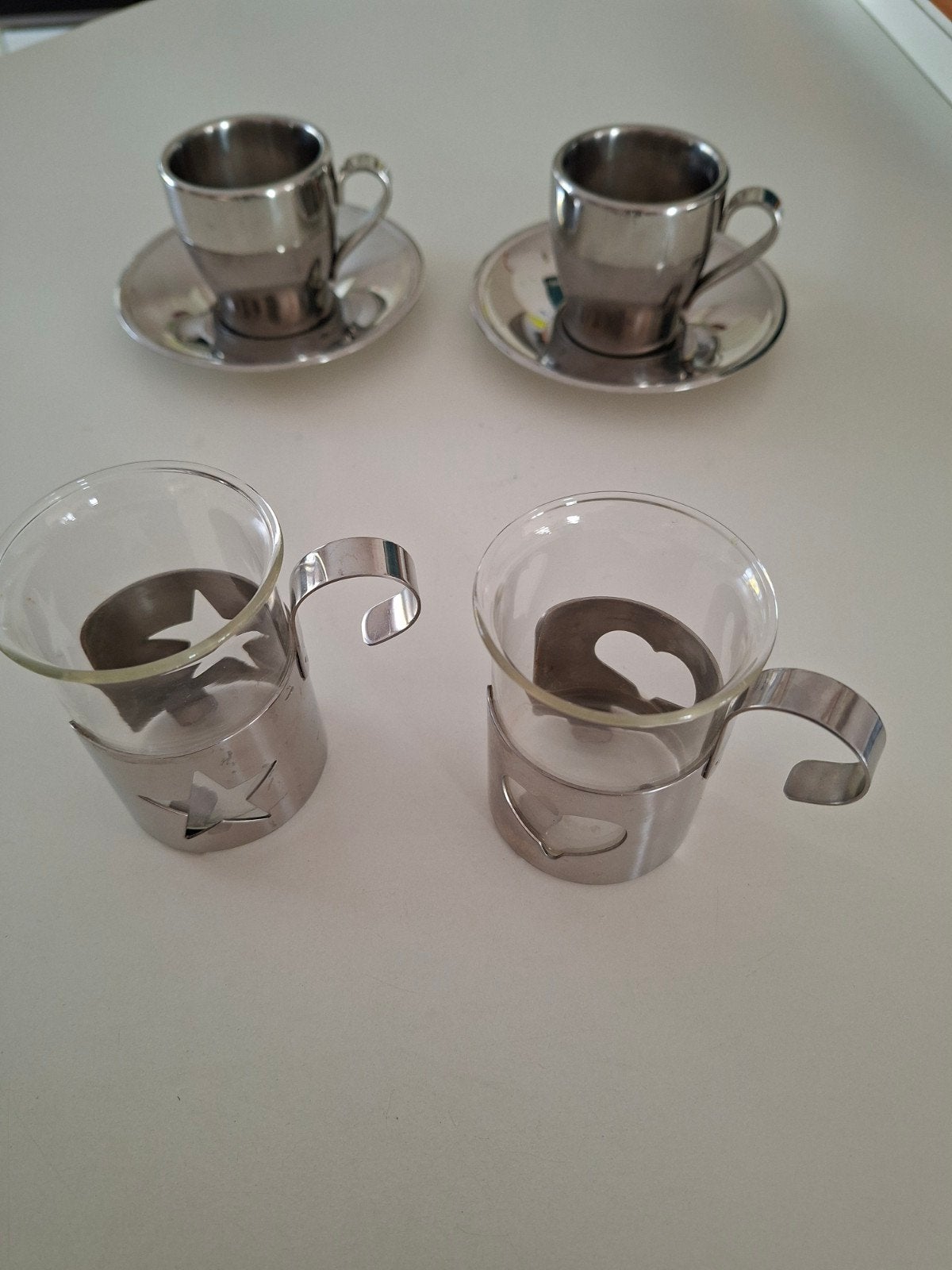 Espressokopjes en glazen met metalen houders, Ophalen, Zo goed als nieuw, Overige stijlen, Metaal