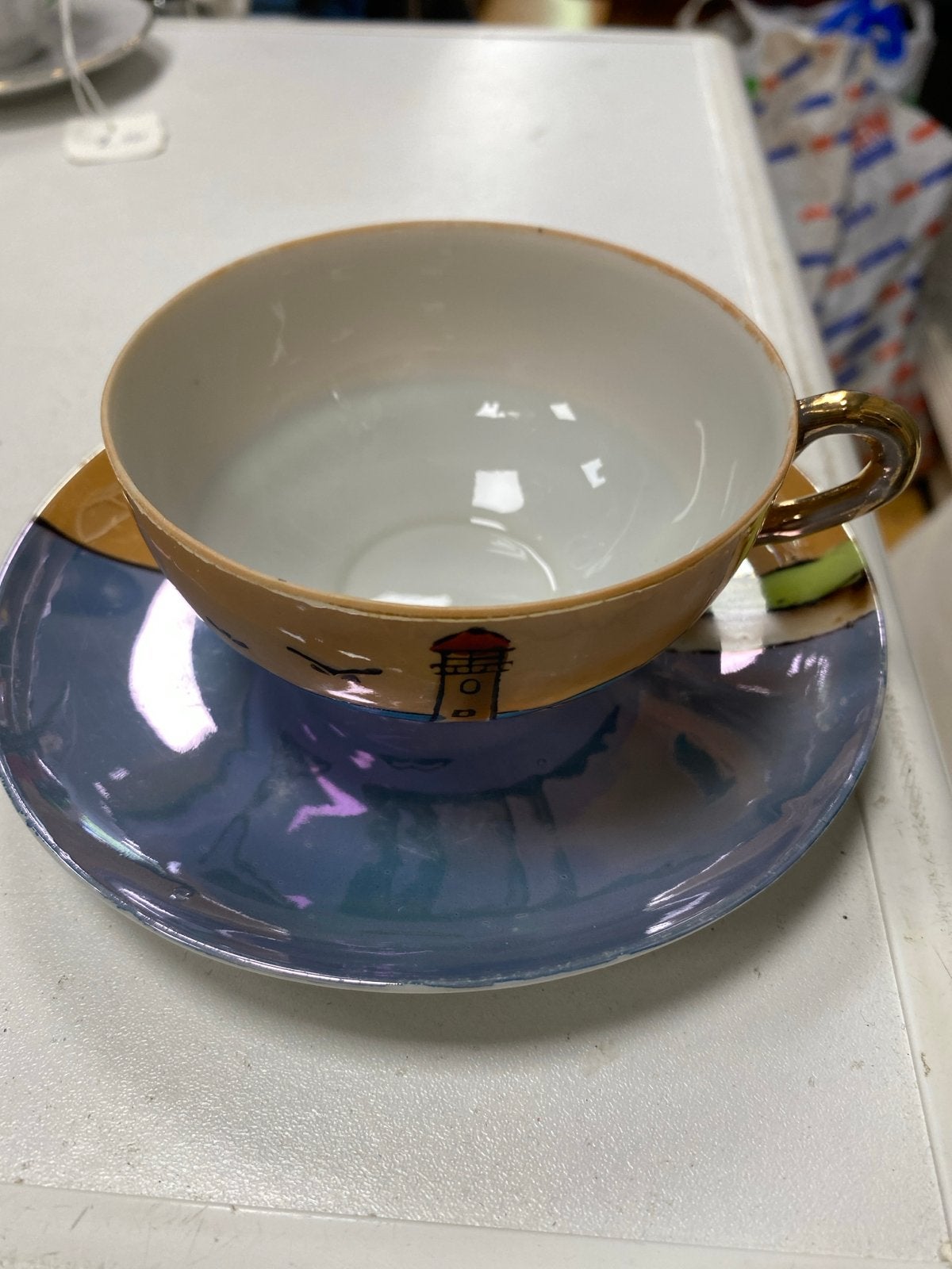 Vintage Japanse theekop en schotel met vuurtoren, Ophalen of Verzenden