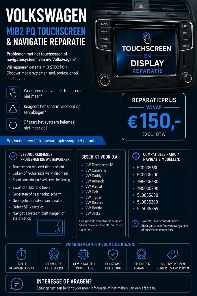 Volkswagen MIB2 PQ Touchscreen & Navigatie Reparatie, Auto diversen, Autoradio's, Ophalen of Verzenden, Nieuw