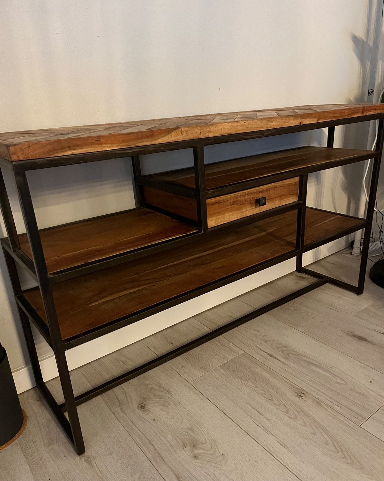 Industriële Side Kast met Houten Blad en Lade, Ophalen, Gebruikt, 75 cm of meer, 60 cm of meer