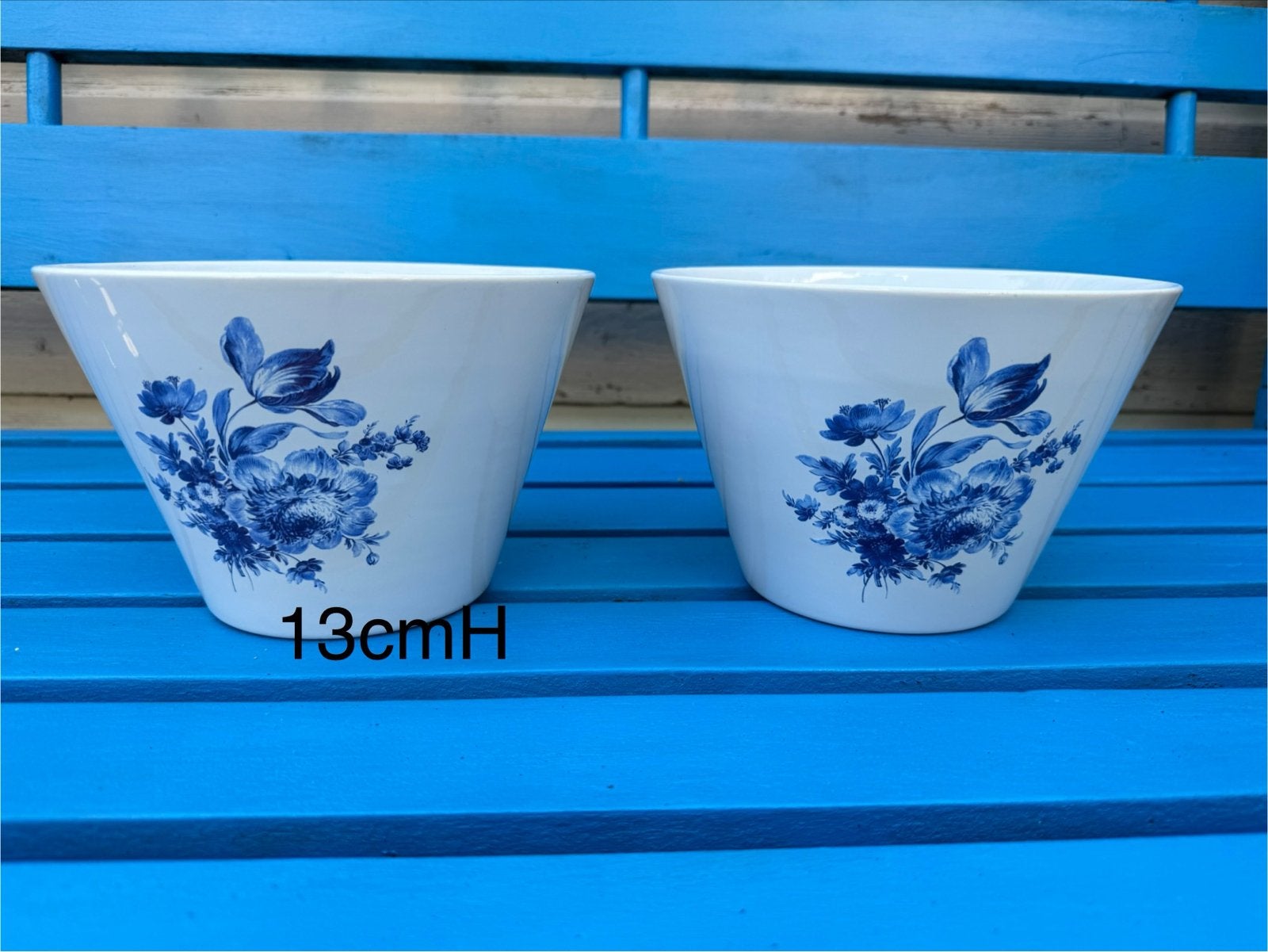 Set van 2 Delfts Blauw-stijl bloempotten, 13cm hoog, Gebruikt, Porselein of Keramiek, Rond, Ophalen of Verzenden