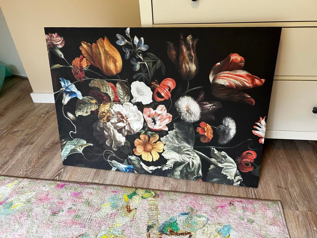 Schilderij met bloemen, donkere achtergrond, Antiek en Kunst, Ophalen