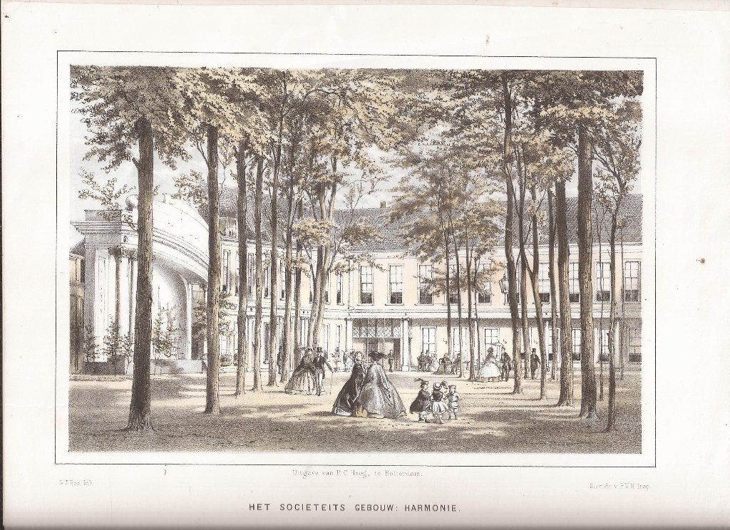 Rotterdam. Het Societeitsgebouw : Harmonie Litho 1863, Antiek en Kunst, 1800 - 1899, Stadsgezicht, 19 cm, Ophalen of Verzenden