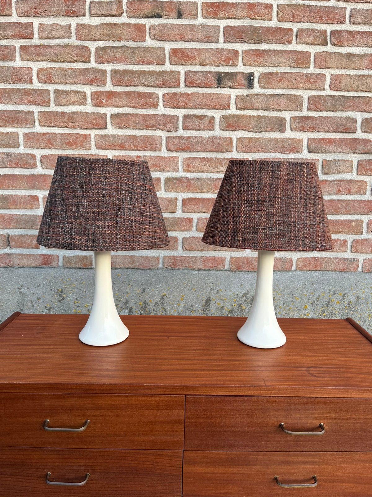 Vintage set keramische tafellampen space age-stijl tweed kap, Ophalen of Verzenden, Zo goed als nieuw