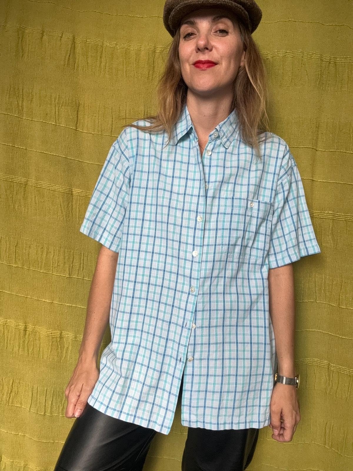Vintage blouse, maat 38/M - blauw - katoen - geruit - 90's, Maat 38/40 (M), Blauw, Onbekend, Ophalen of Verzenden
