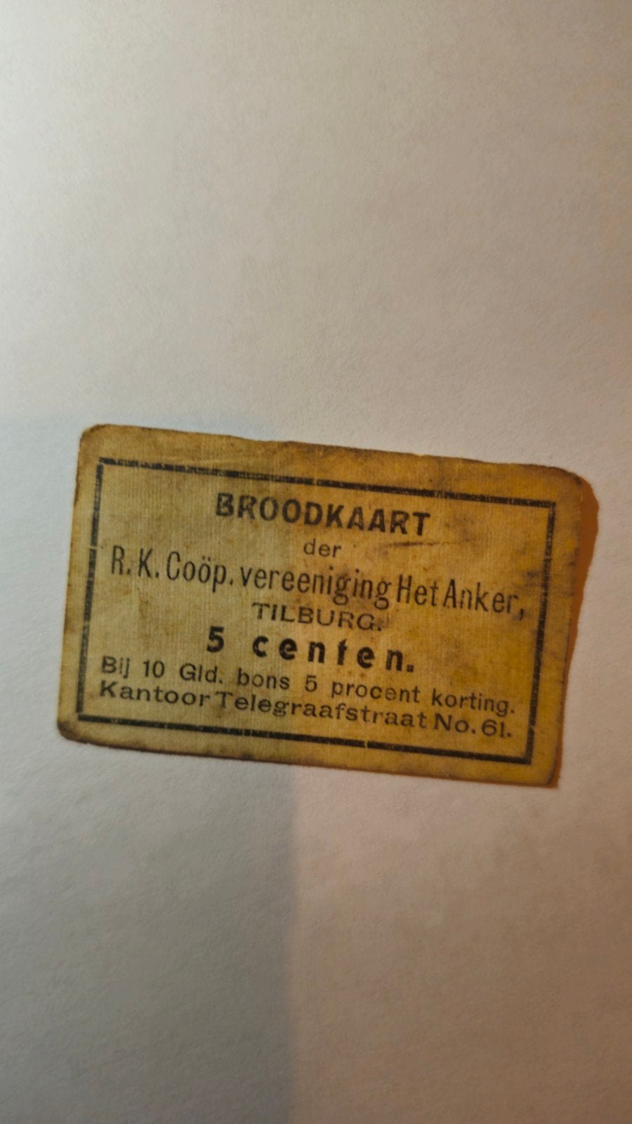 Zeldzame historische broodkaart Coöperatie Het Anker Tilburg, Ophalen of Verzenden, Gebruikt