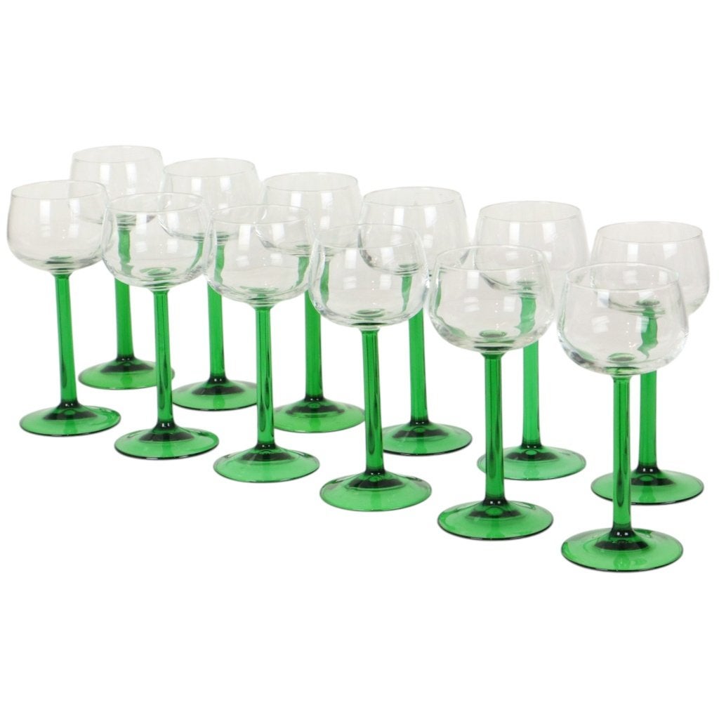 Set Van 12 Vintage Luminarc Elzas Wijnglazen Groene Steel, Verzamelen, Glas en Borrelglaasjes, Ophalen of Verzenden, Zo goed als nieuw