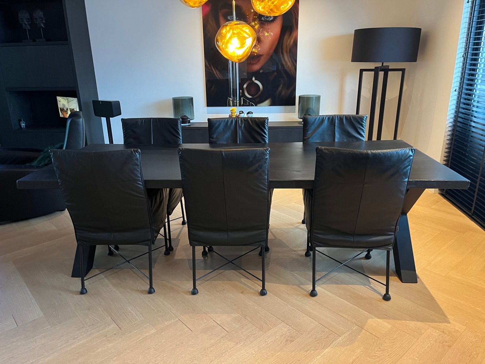 6 Montis chaplin design stoelen zwart leder, evt met tafel, Ophalen, Leer, Zo goed als nieuw, Vijf, Zes of meer stoelen