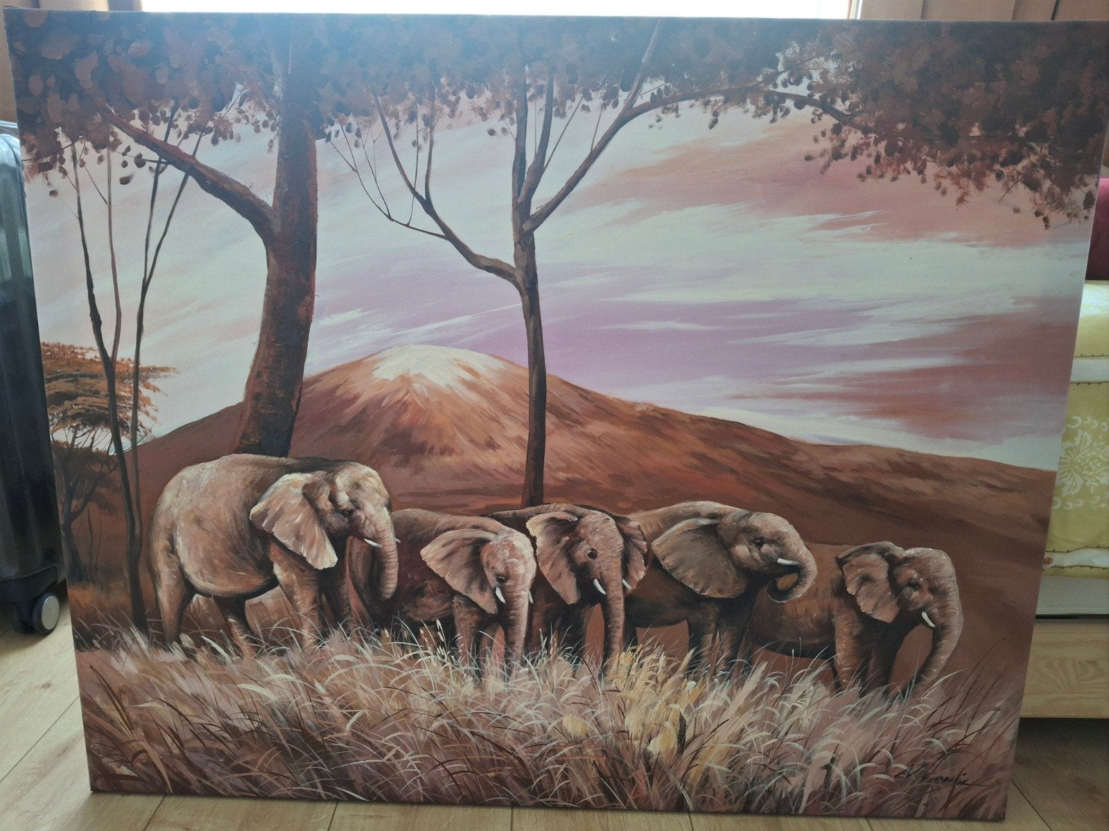 Schilderij met olifanten afm:100x80 cm, Ophalen of Verzenden