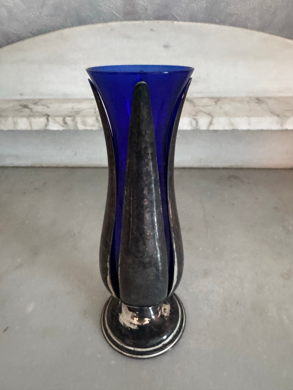 Vintage Kobaltblauwe Vaas met Zilveren Montuur, Ophalen of Verzenden