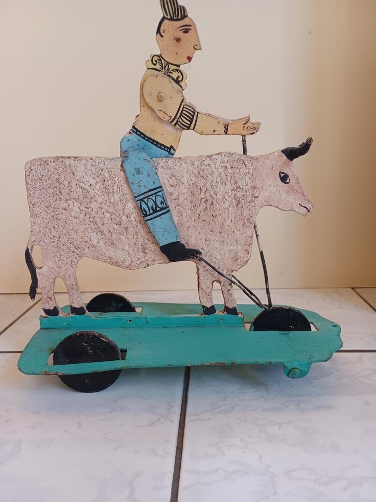Antiek Blikken Speelgoed clown op Koe - Uniek Verzamelobject, Antiek en Kunst, Antiek | Speelgoed, Ophalen of Verzenden