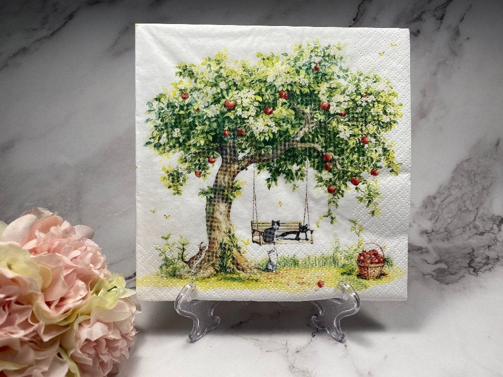 Knutsel servetten Katten schommel appelboom decoupage nr 456, Ophalen of Verzenden, Nieuw