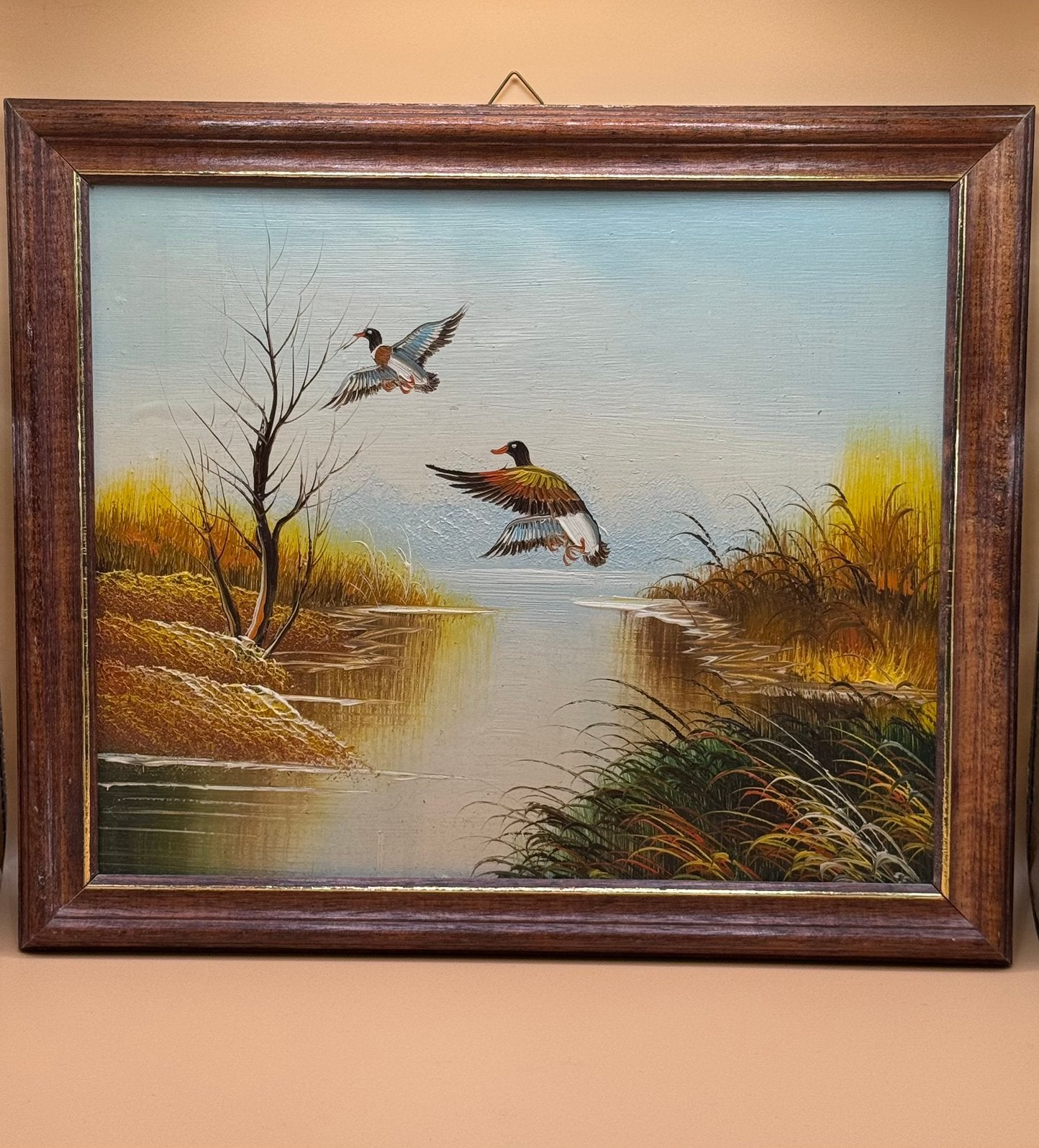 Vintage Mid Century Olieverfschilderij Vliegende Eenden, Antiek en Kunst, Ophalen of Verzenden