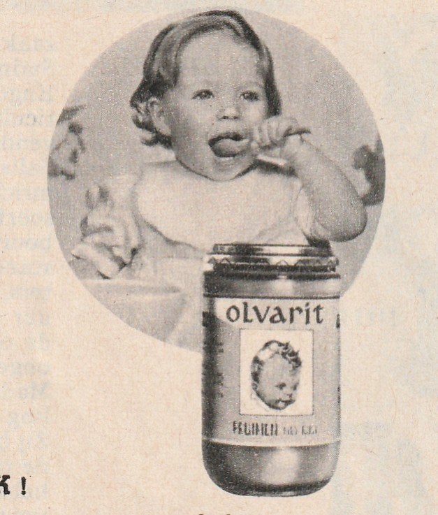 Retro reclame 1961 Nutricia Olvarit kindje baby is woelwater, Verzenden, Overige typen