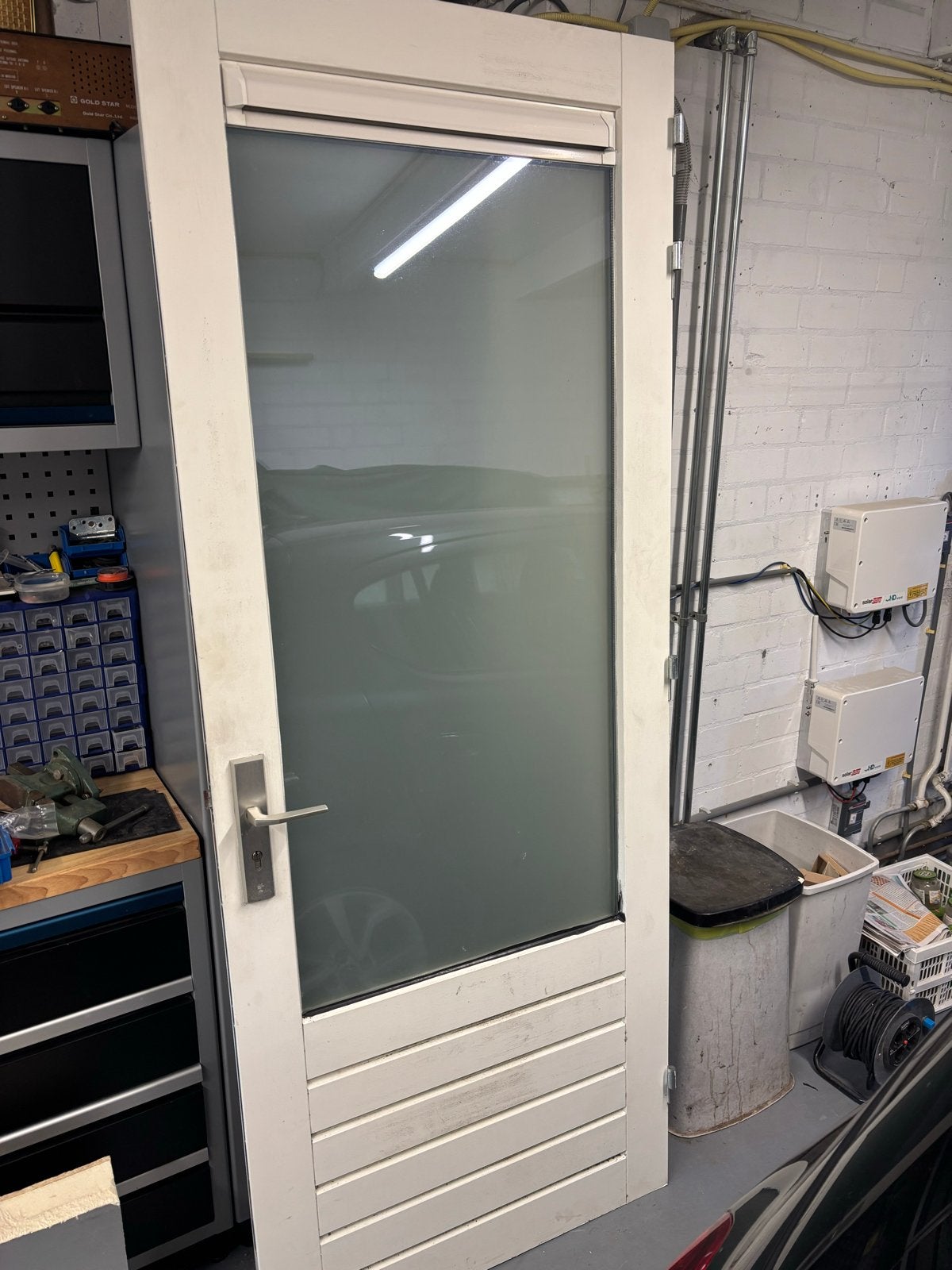 Witte hardhouten buitendeur met hr++glas en beslag, Ophalen, Gebruikt, 80 tot 100 cm, 215 cm of meer