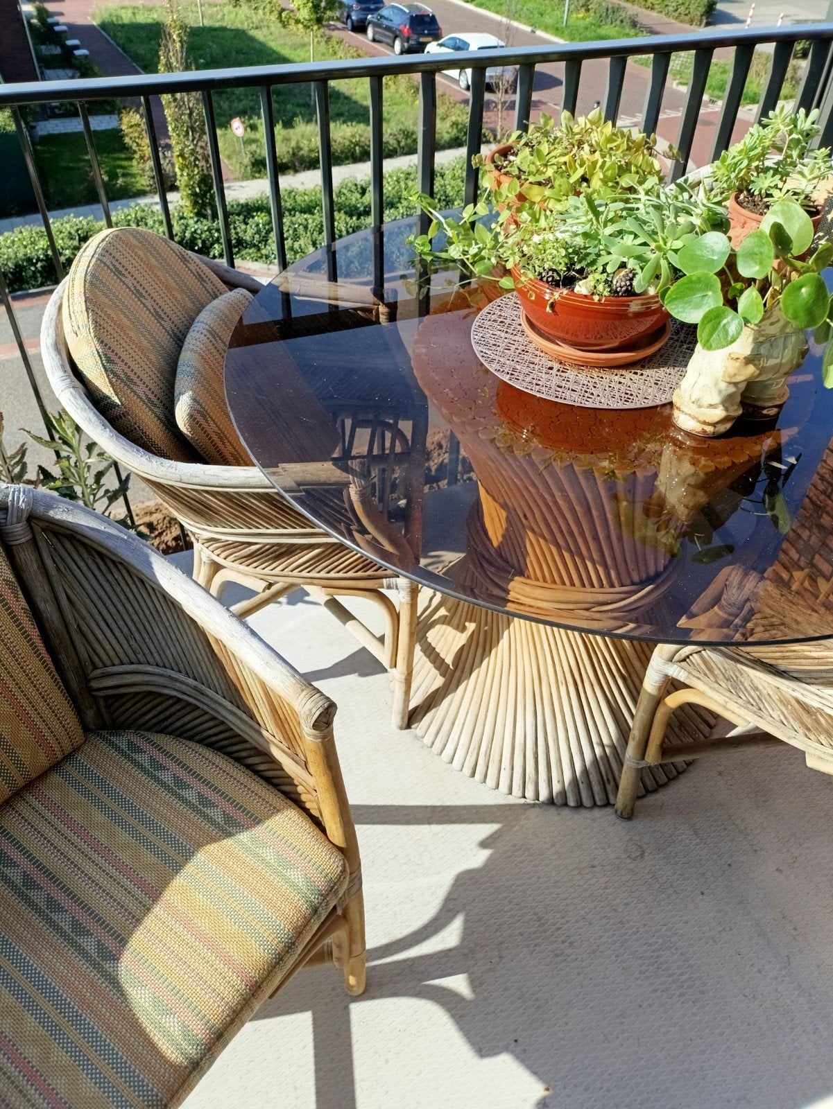 Rotan tuinset met glazen tafel en 4 stoelen, Ophalen, 4 zitplaatsen, Gebruikt, Rotan