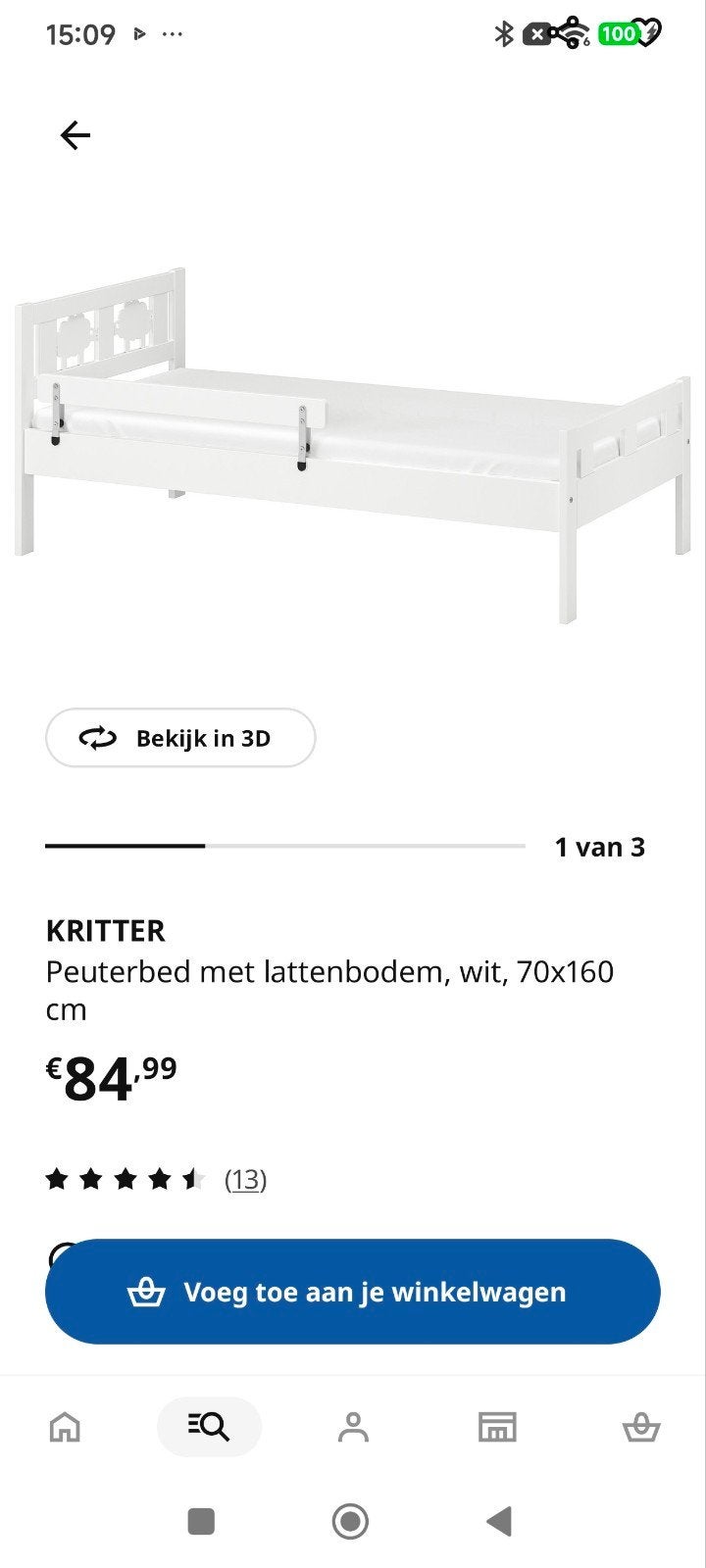 Kinder/Peuterbed 70*160 met gratis Matras en zijplankje, Gebruikt, 70 tot 85 cm, 140 tot 160 cm, Ophalen