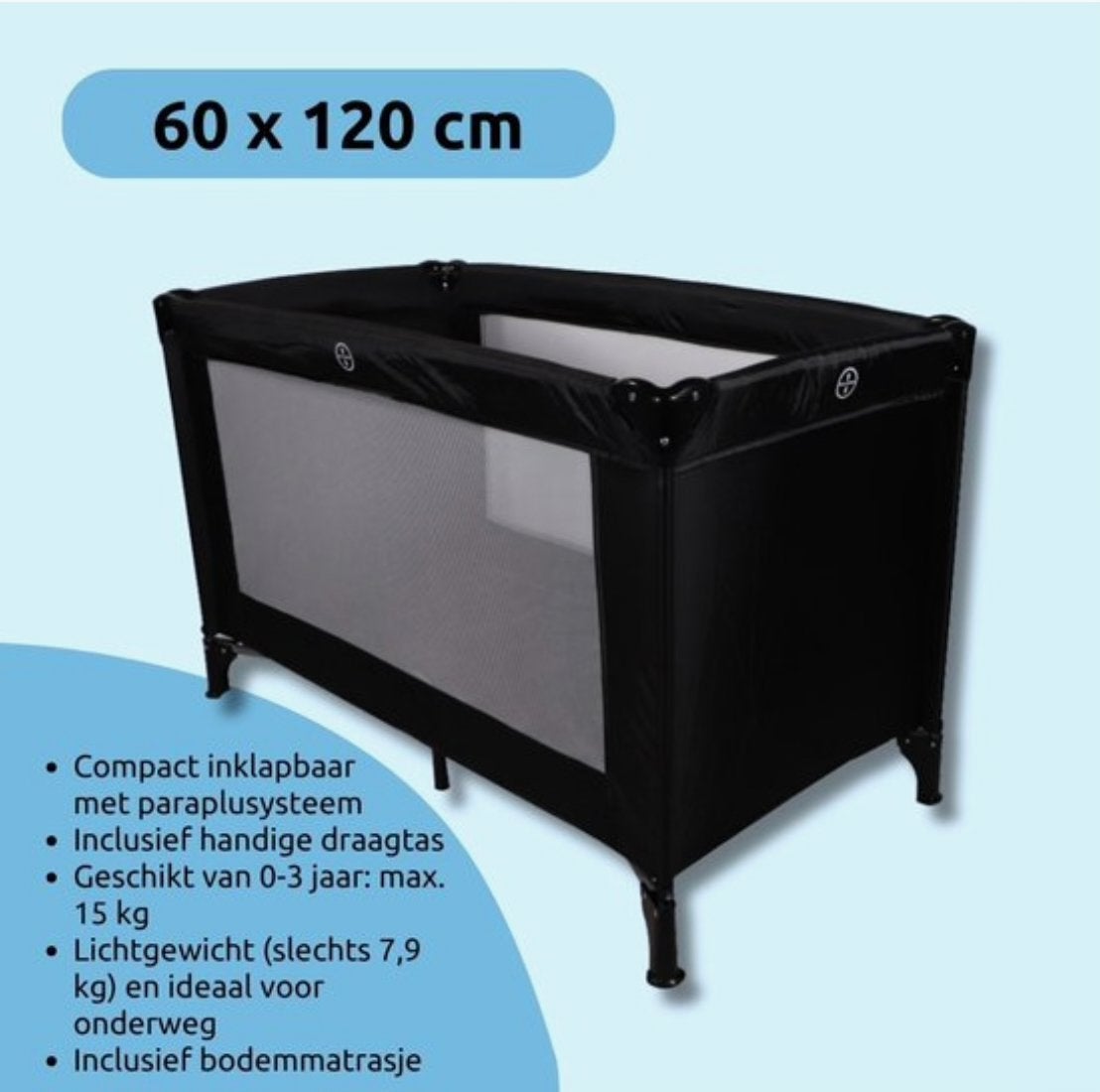 Compact Zwart Reisbedje 60x120 cm met Draagtas, Ophalen, Zo goed als nieuw, Reisbedje