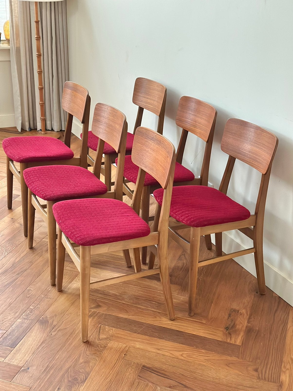 Set 6 vintage stoelen teak hout stof jaren 50/60/70, Huis en Inrichting, Stoelen, Ophalen, Gebruikt, Overige kleuren, Deens vintage
